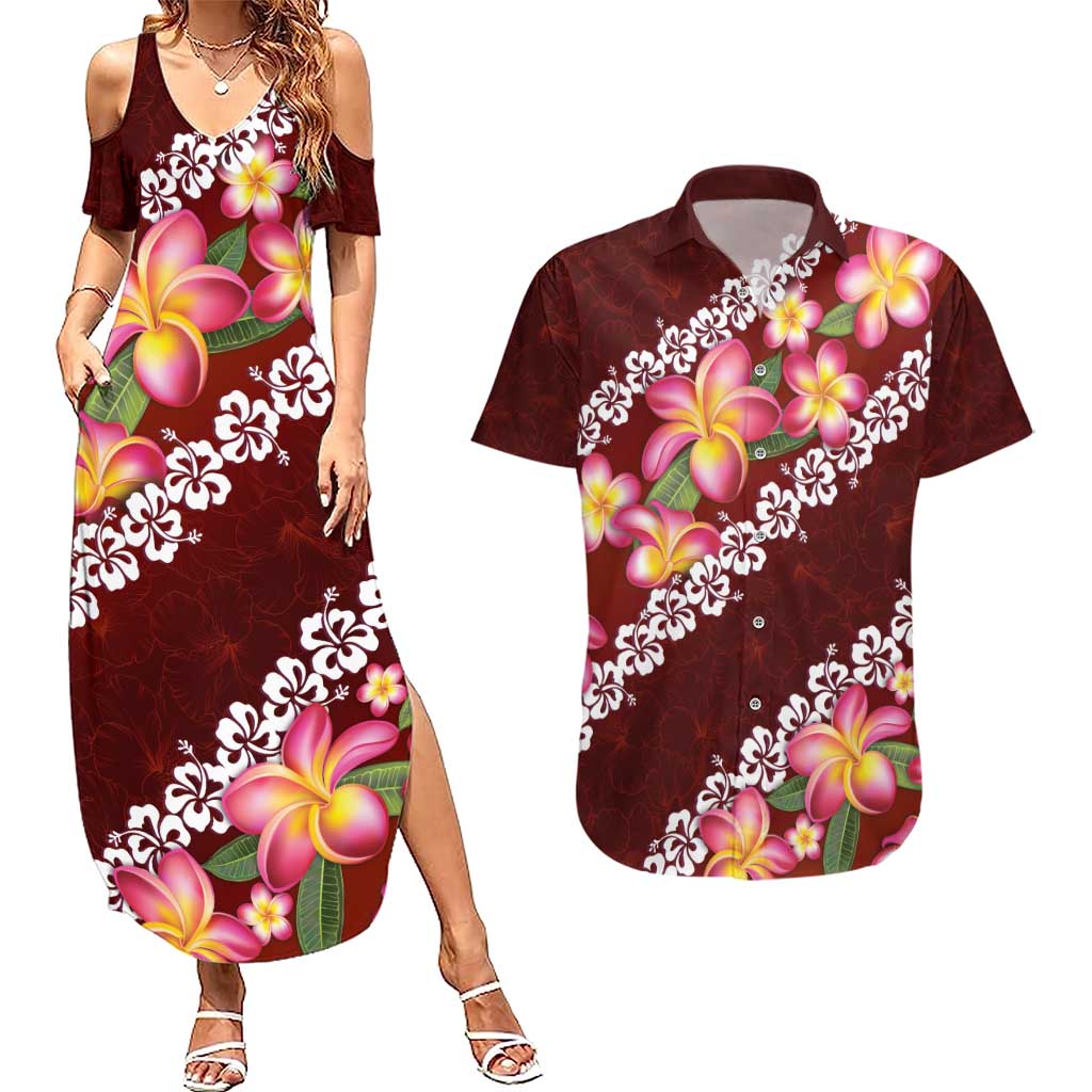 Oxblood Polynesia Couples Matching Summer Maxi Dress and Hawaiian Shirt Plumeria With Hibiscus Pattern Tropical Vibes LT14 Oxblood - Polynesian Pride