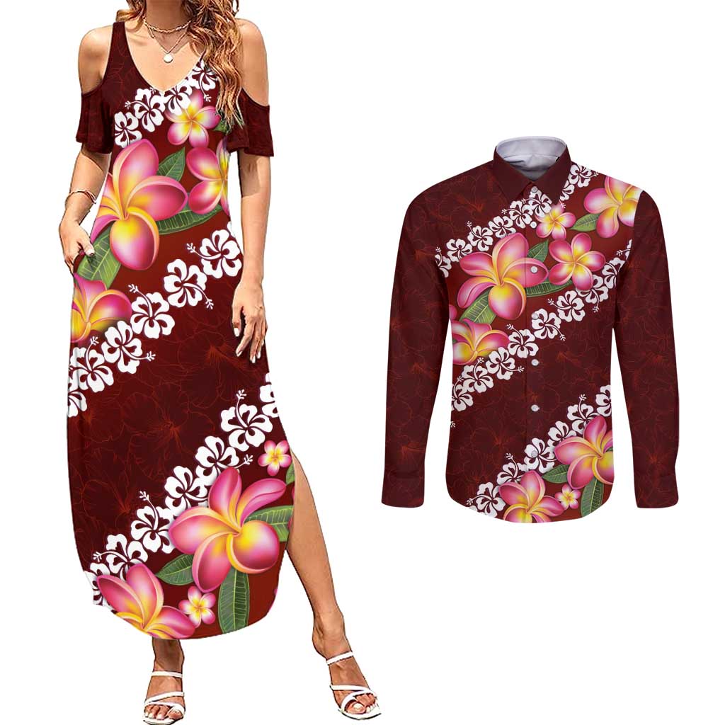 Oxblood Polynesia Couples Matching Summer Maxi Dress and Long Sleeve Button Shirt Plumeria With Hibiscus Pattern Tropical Vibes