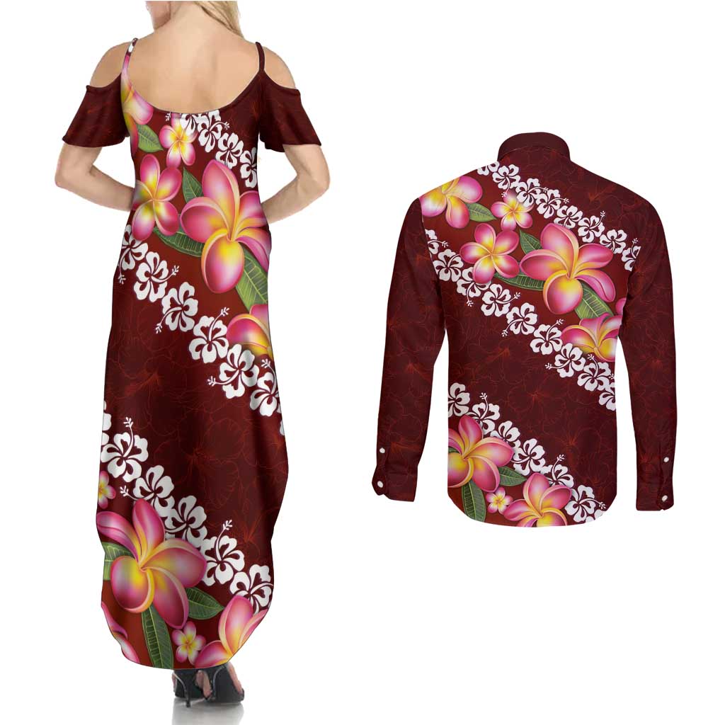 Oxblood Polynesia Couples Matching Summer Maxi Dress and Long Sleeve Button Shirt Plumeria With Hibiscus Pattern Tropical Vibes