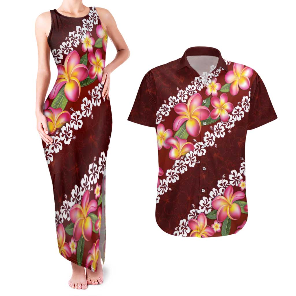 Oxblood Polynesia Couples Matching Tank Maxi Dress and Hawaiian Shirt Plumeria With Hibiscus Pattern Tropical Vibes LT14 Oxblood - Polynesian Pride