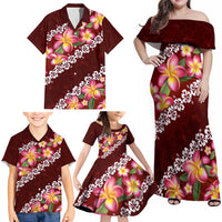 Oxblood Polynesia Family Matching Off Shoulder Maxi Dress and Hawaiian Shirt Plumeria With Hibiscus Pattern Tropical Vibes