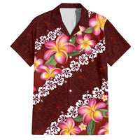 Oxblood Polynesia Family Matching Off Shoulder Short Dress and Hawaiian Shirt Plumeria With Hibiscus Pattern Tropical Vibes