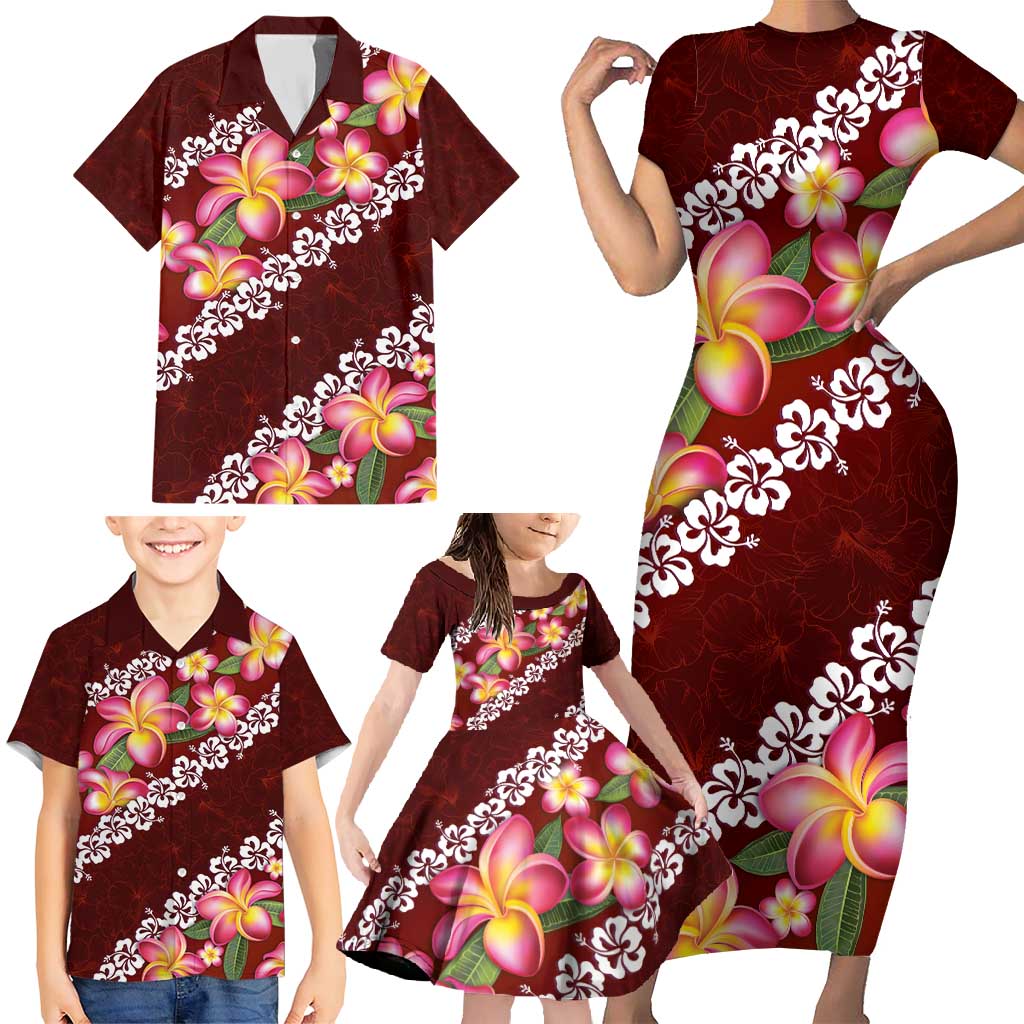 Oxblood Polynesia Family Matching Short Sleeve Bodycon Dress and Hawaiian Shirt Plumeria With Hibiscus Pattern Tropical Vibes LT14 - Polynesian Pride