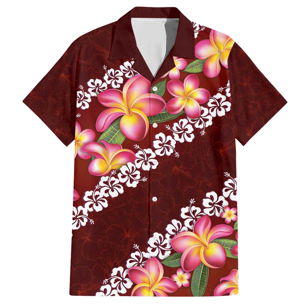 Oxblood Polynesia Family Matching Short Sleeve Bodycon Dress and Hawaiian Shirt Plumeria With Hibiscus Pattern Tropical Vibes