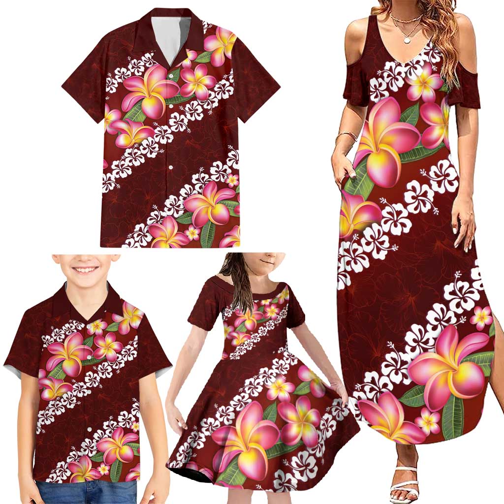 Oxblood Polynesia Family Matching Summer Maxi Dress and Hawaiian Shirt Plumeria With Hibiscus Pattern Tropical Vibes LT14 - Polynesian Pride