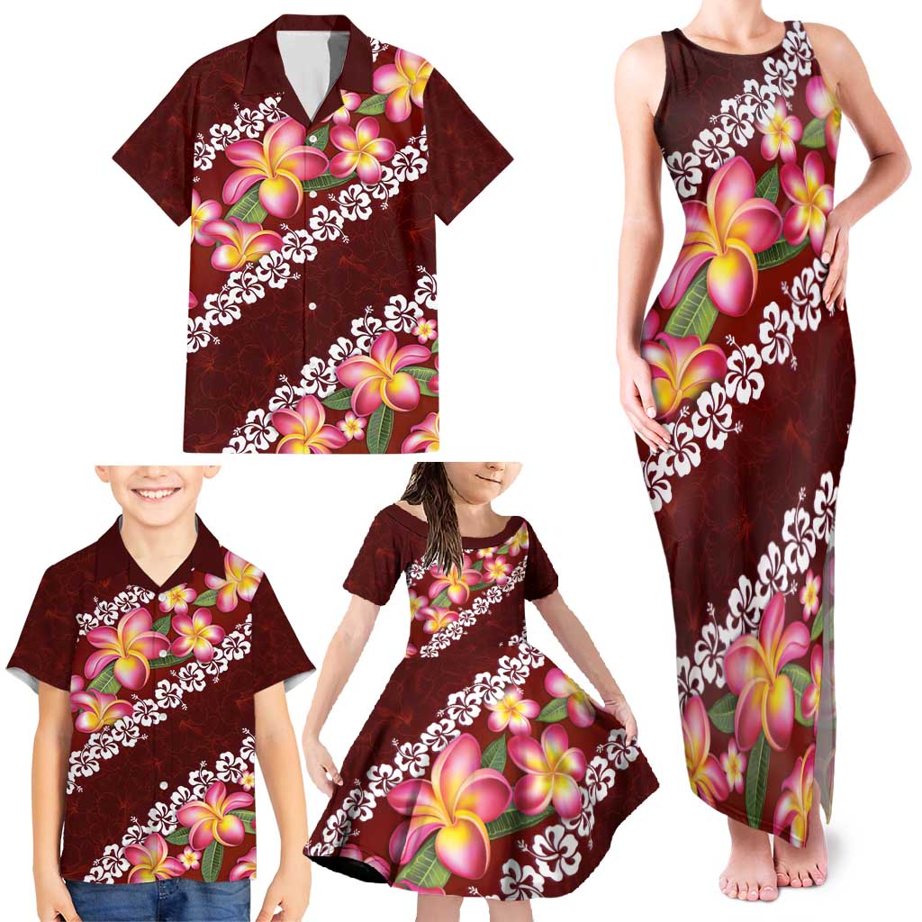 Oxblood Polynesia Family Matching Tank Maxi Dress and Hawaiian Shirt Plumeria With Hibiscus Pattern Tropical Vibes LT14 - Polynesian Pride