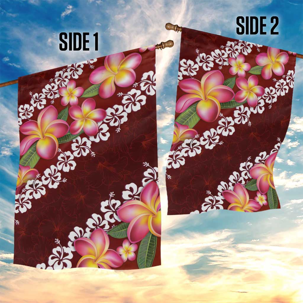 Oxblood Polynesia Garden Flag Plumeria With Hibiscus Pattern Tropical Vibes