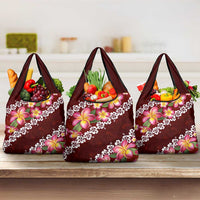 Oxblood Polynesia Grocery Bag Plumeria With Hibiscus Pattern Tropical Vibes