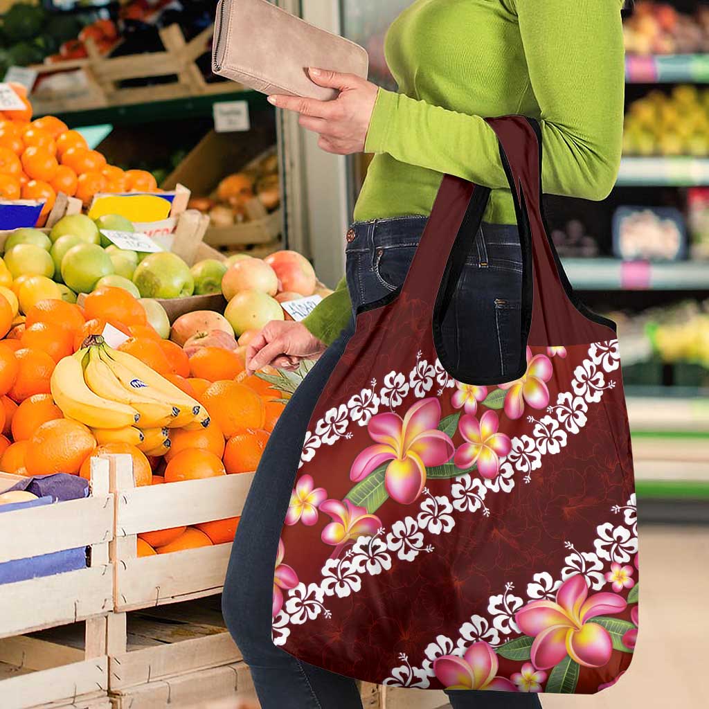 Oxblood Polynesia Grocery Bag Plumeria With Hibiscus Pattern Tropical Vibes