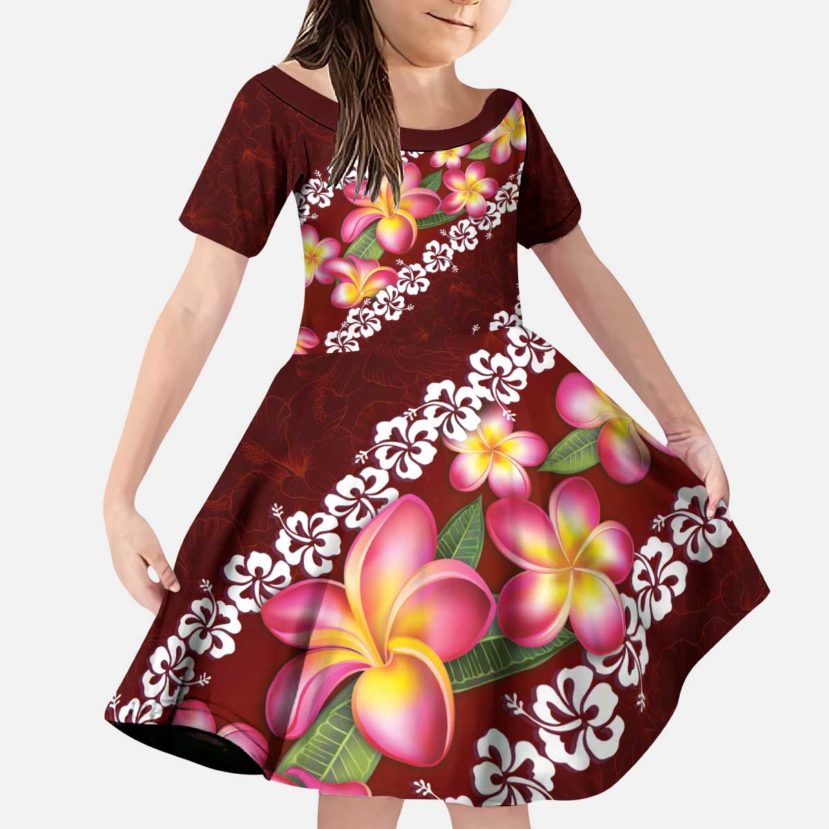 Oxblood Polynesia Kid Short Sleeve Dress Plumeria With Hibiscus Pattern Tropical Vibes