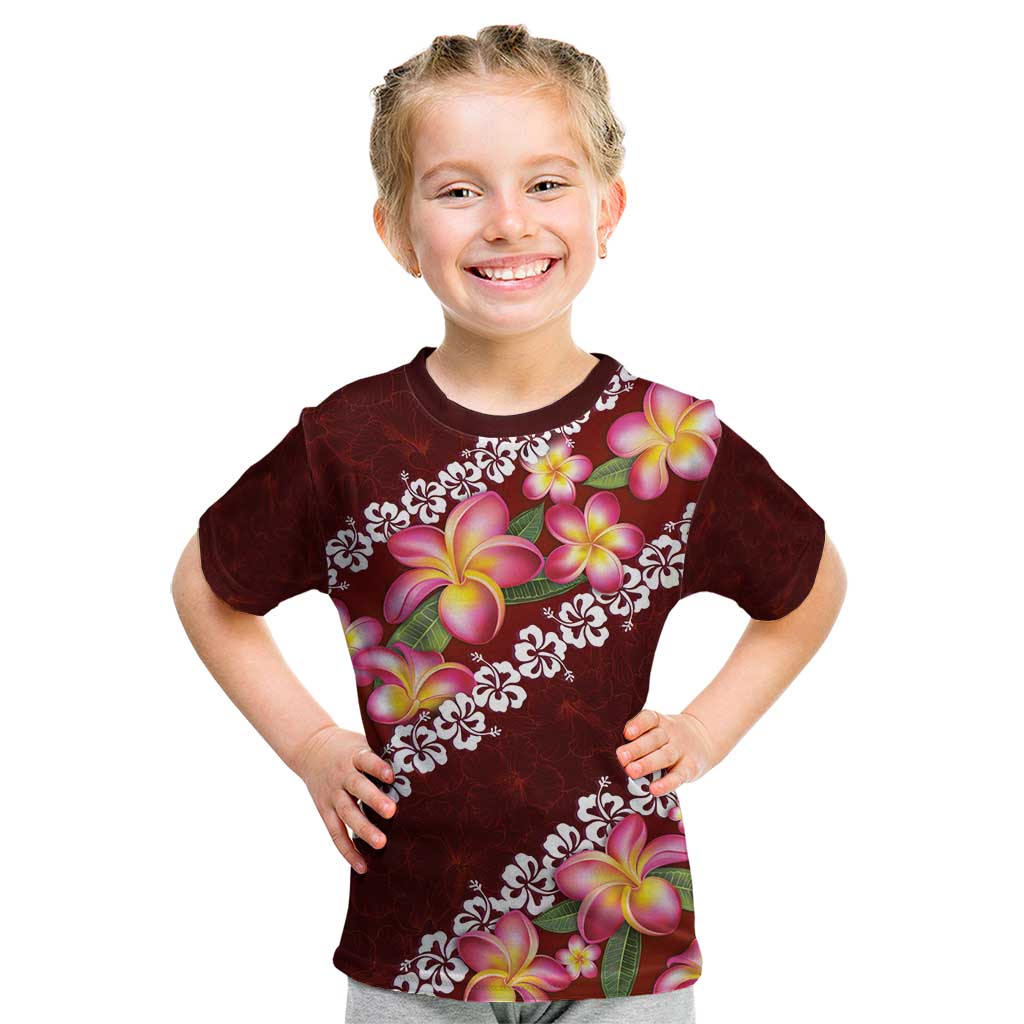 Oxblood Polynesia Kid T Shirt Plumeria With Hibiscus Pattern Tropical Vibes