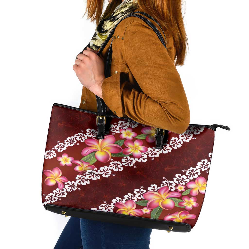 Oxblood Polynesia Leather Tote Bag Plumeria With Hibiscus Pattern Tropical Vibes LT14 Oxblood - Polynesian Pride