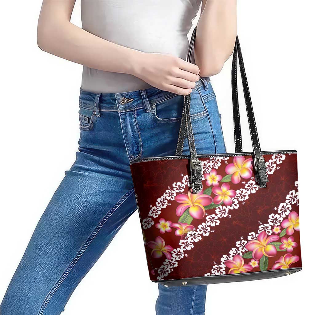 Oxblood Polynesia Leather Tote Bag Plumeria With Hibiscus Pattern Tropical Vibes