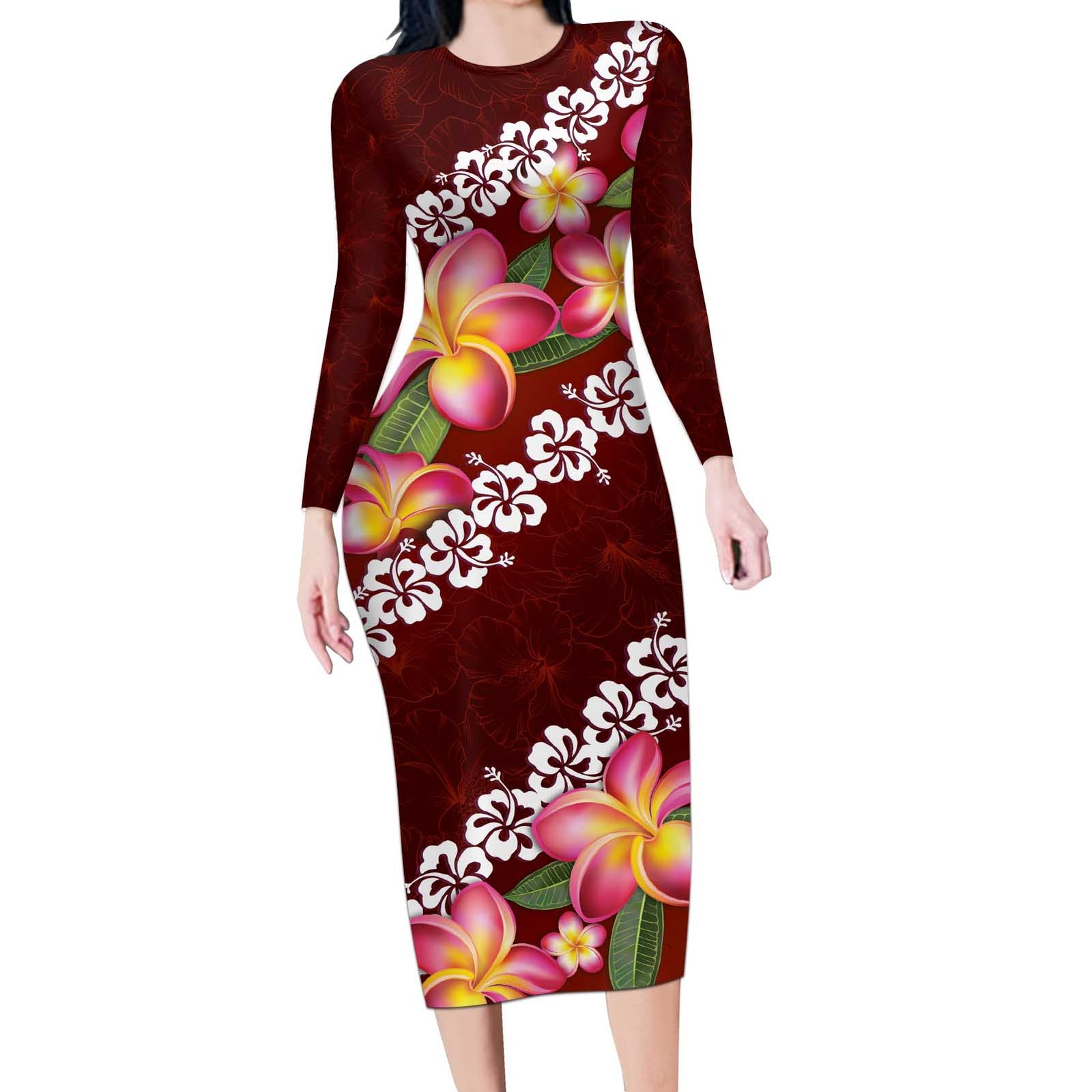 Oxblood Polynesia Long Sleeve Bodycon Dress Plumeria With Hibiscus Pattern Tropical Vibes LT14 Long Dress Oxblood - Polynesian Pride