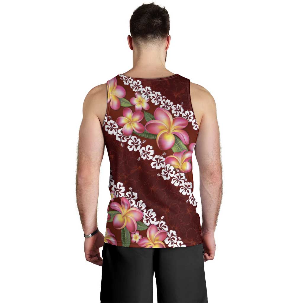 Oxblood Polynesia Men Tank Top Plumeria With Hibiscus Pattern Tropical Vibes