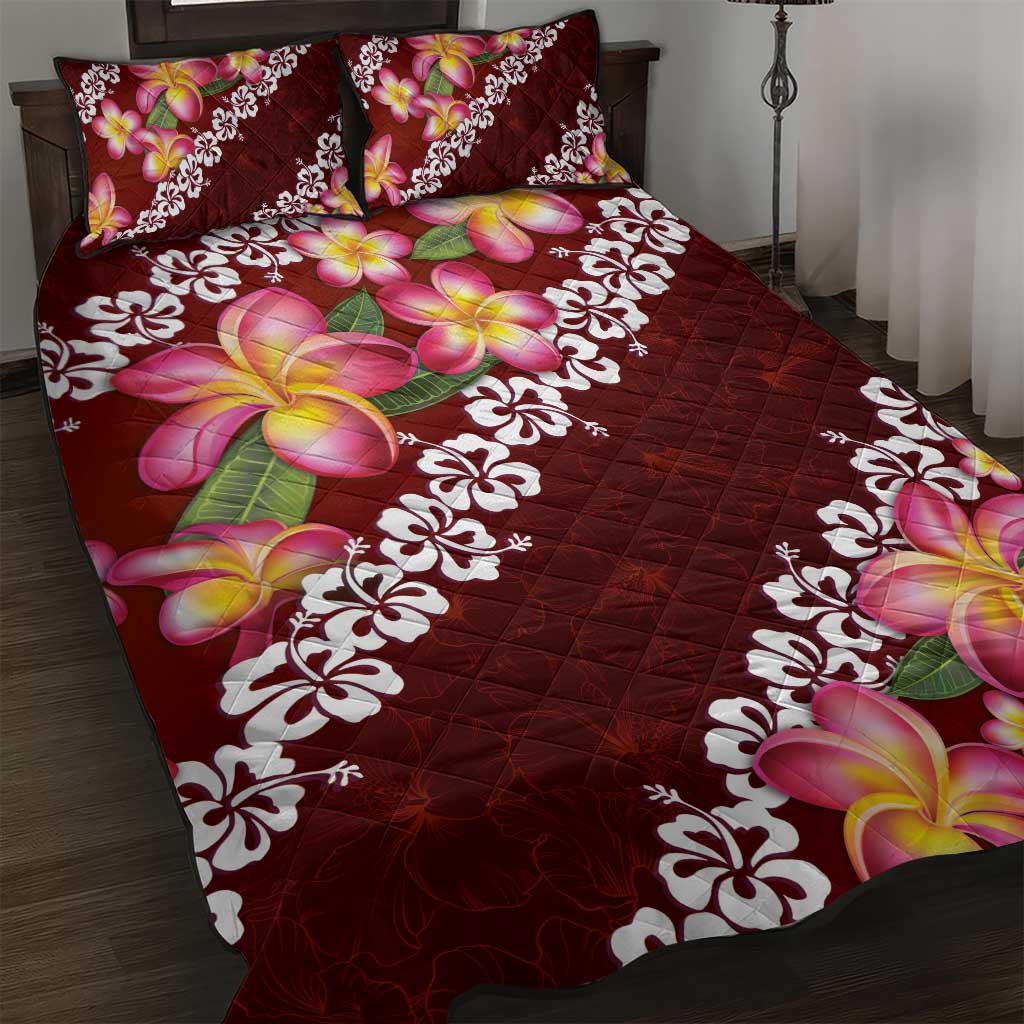 Oxblood Polynesia Quilt Bed Set Plumeria With Hibiscus Pattern Tropical Vibes