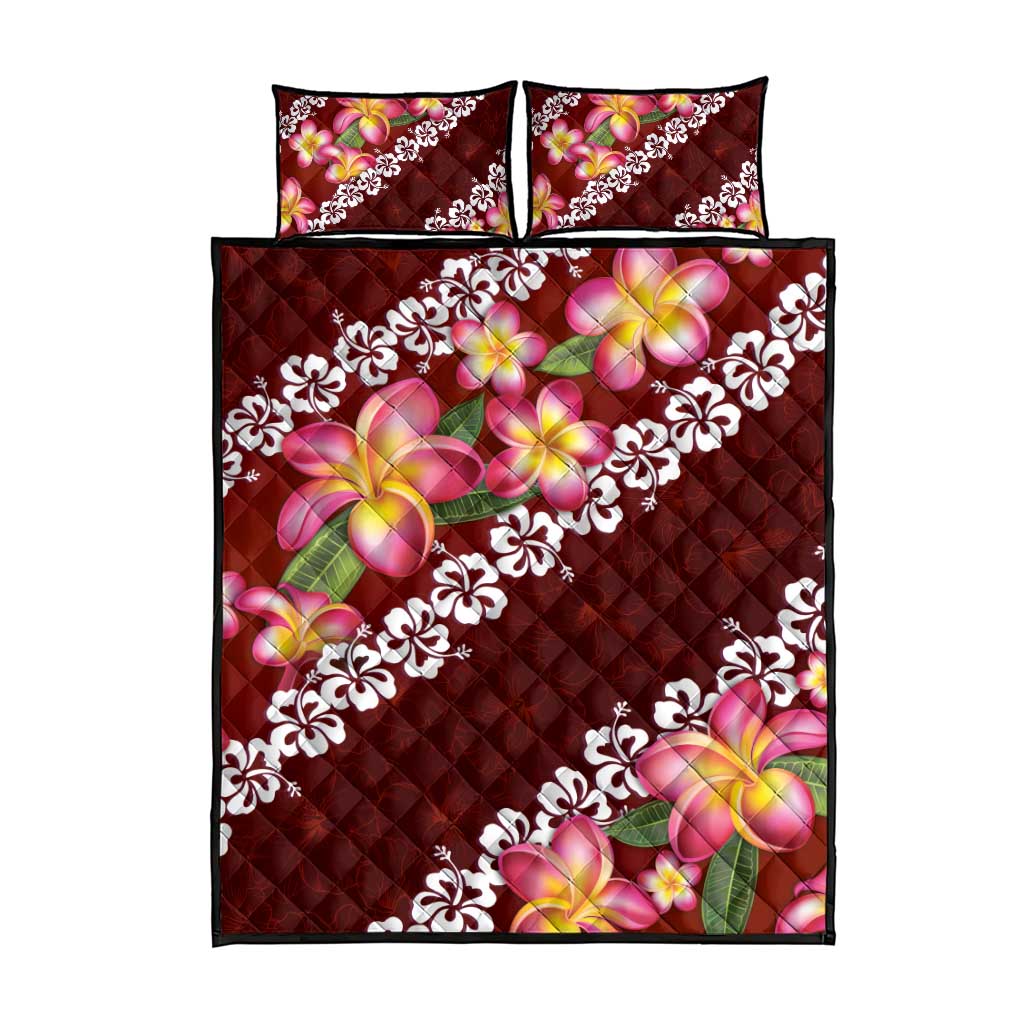 Oxblood Polynesia Quilt Bed Set Plumeria With Hibiscus Pattern Tropical Vibes