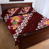 Oxblood Polynesia Quilt Bed Set Plumeria With Hibiscus Pattern Tropical Vibes