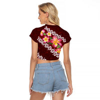 Oxblood Polynesia Raglan Cropped T Shirt Plumeria With Hibiscus Pattern Tropical Vibes