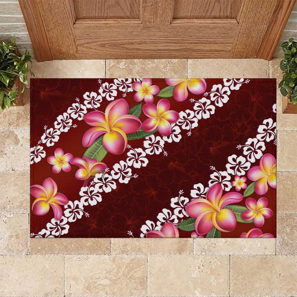 Oxblood Polynesia Rubber Doormat Plumeria With Hibiscus Pattern Tropical Vibes