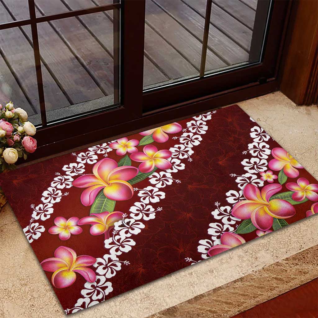 Oxblood Polynesia Rubber Doormat Plumeria With Hibiscus Pattern Tropical Vibes