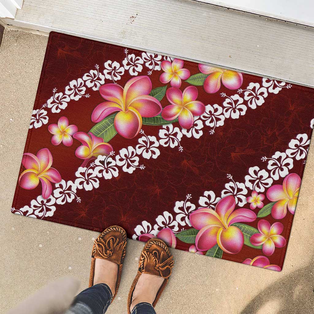 Oxblood Polynesia Rubber Doormat Plumeria With Hibiscus Pattern Tropical Vibes