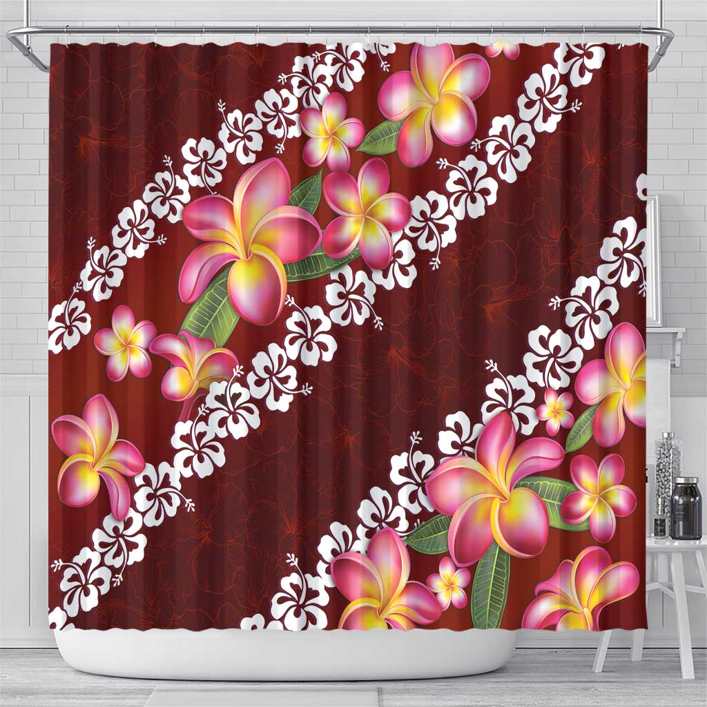 Oxblood Polynesia Shower Curtain Plumeria With Hibiscus Pattern Tropical Vibes