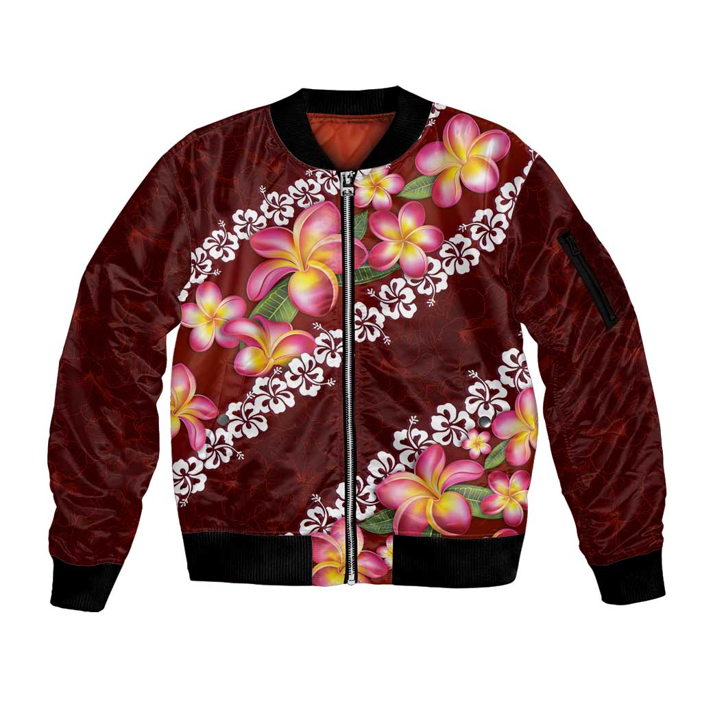 Oxblood Polynesia Sleeve Zip Bomber Jacket Plumeria With Hibiscus Pattern Tropical Vibes LT14 Unisex Oxblood - Polynesian Pride