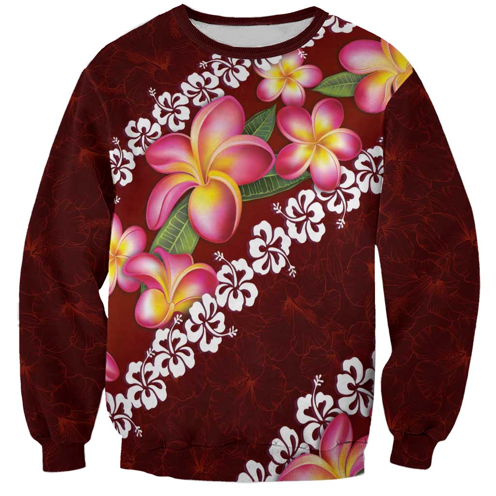 Oxblood Polynesia Sweatshirt Plumeria With Hibiscus Pattern Tropical Vibes
