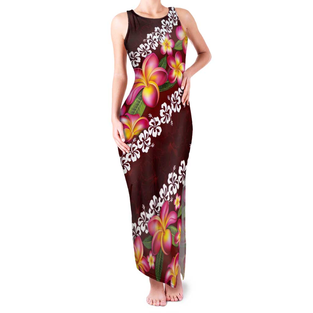 Oxblood Polynesia Tank Maxi Dress Plumeria With Hibiscus Pattern Tropical Vibes