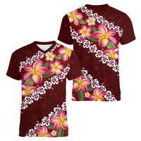 Oxblood Polynesia Women V-Neck T-Shirt Plumeria With Hibiscus Pattern Tropical Vibes