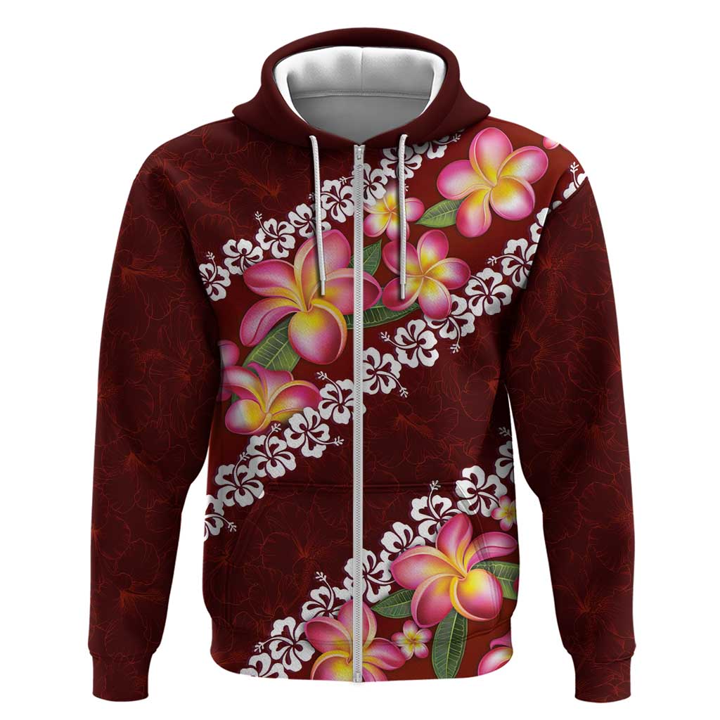 Oxblood Polynesia Zip Hoodie Plumeria With Hibiscus Pattern Tropical Vibes LT14 Zip Hoodie Oxblood - Polynesian Pride