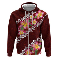 Oxblood Polynesia Zip Hoodie Plumeria With Hibiscus Pattern Tropical Vibes LT14 Zip Hoodie Oxblood - Polynesian Pride