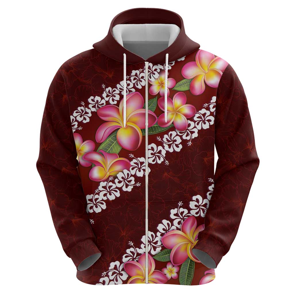 Oxblood Polynesia Zip Hoodie Plumeria With Hibiscus Pattern Tropical Vibes LT14 - Polynesian Pride