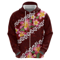 Oxblood Polynesia Zip Hoodie Plumeria With Hibiscus Pattern Tropical Vibes LT14 - Polynesian Pride