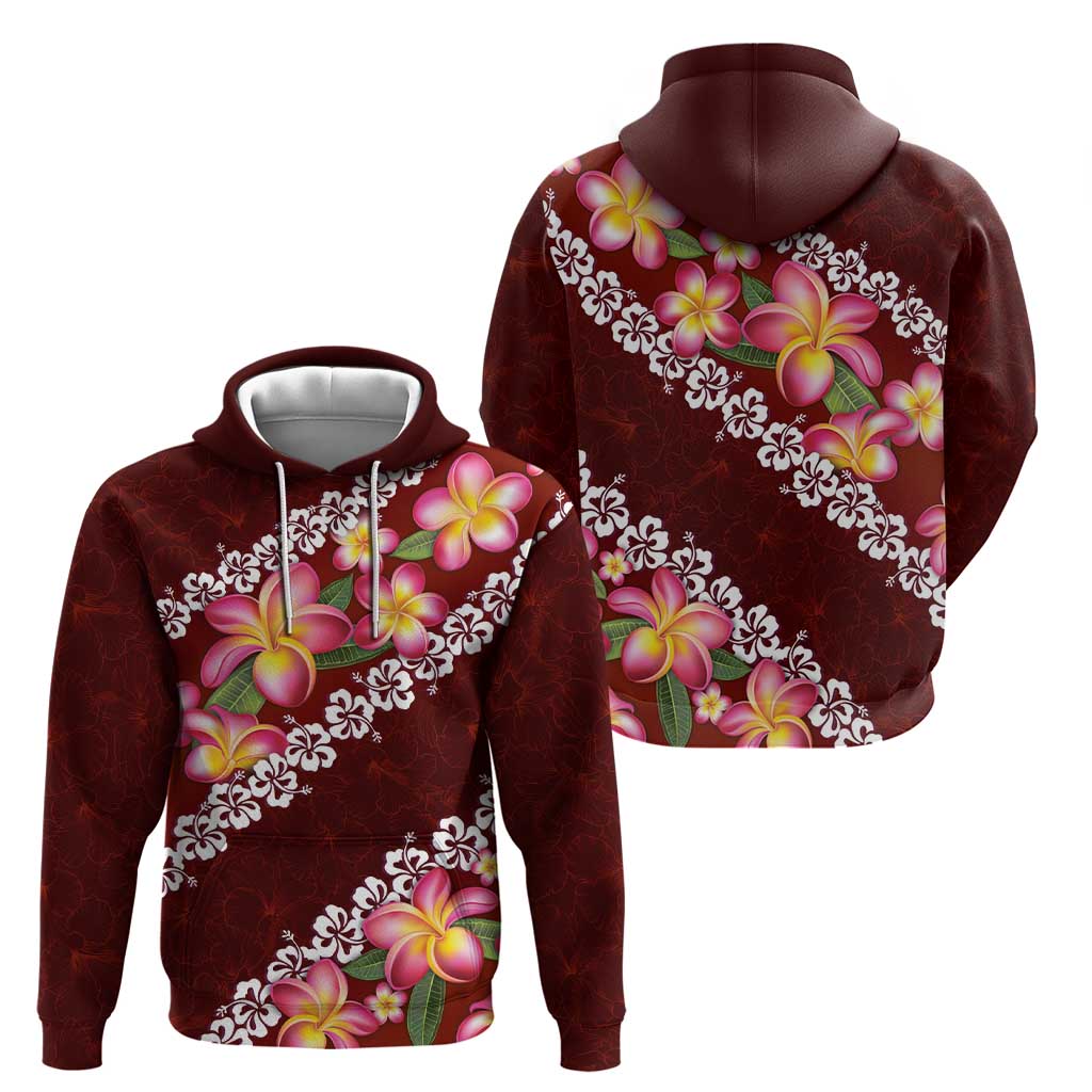 Oxblood Polynesia Zip Hoodie Plumeria With Hibiscus Pattern Tropical Vibes LT14 - Polynesian Pride