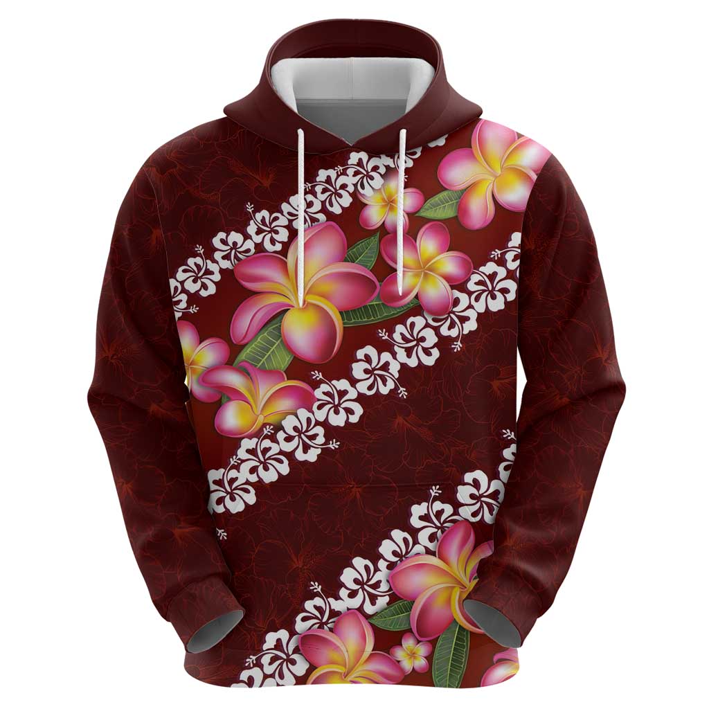 Oxblood Polynesia Zip Hoodie Plumeria With Hibiscus Pattern Tropical Vibes LT14 - Polynesian Pride