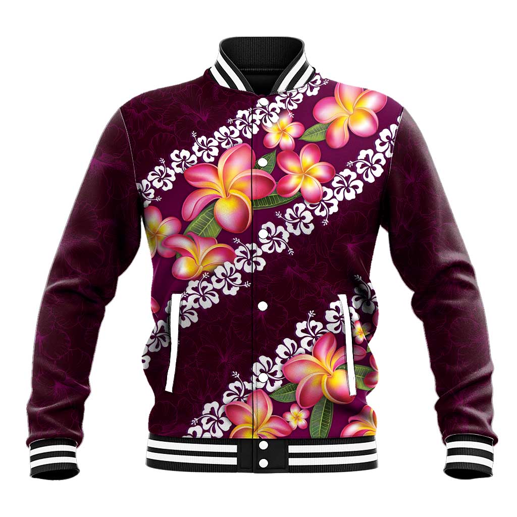 Pink Polynesia Baseball Jacket Plumeria With Hibiscus Pattern Tropical Vibes