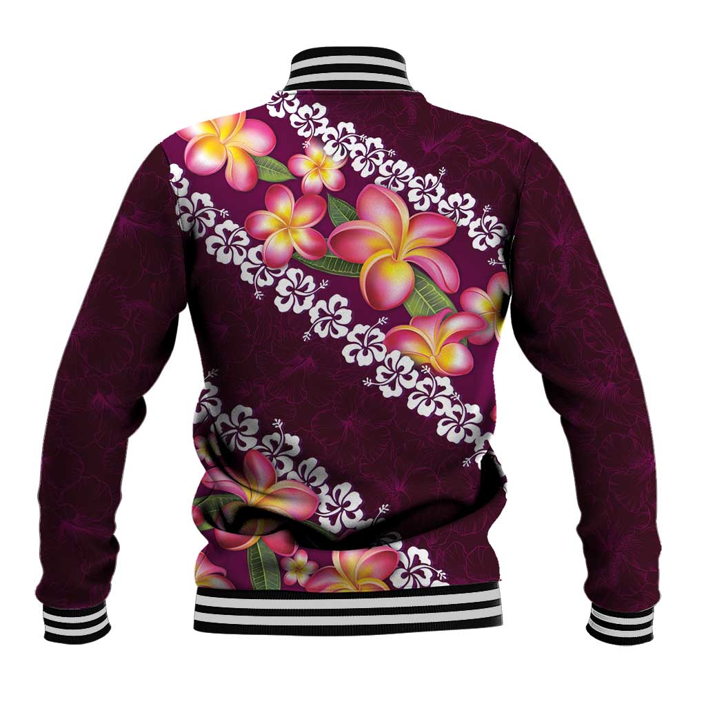 Pink Polynesia Baseball Jacket Plumeria With Hibiscus Pattern Tropical Vibes
