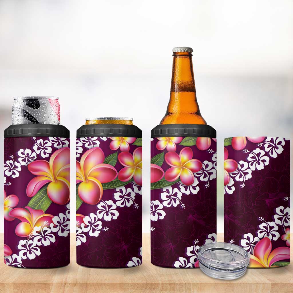 Pink Polynesia 4 in 1 Can Cooler Tumbler Plumeria With Hibiscus Pattern Tropical Vibes
