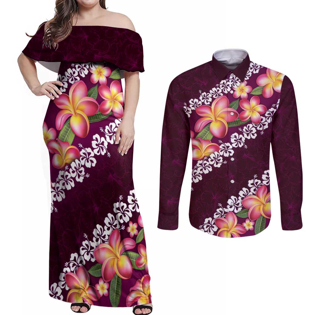 Pink Polynesia Couples Matching Off Shoulder Maxi Dress and Long Sleeve Button Shirt Plumeria With Hibiscus Pattern Tropical Vibes LT14 Pink - Polynesian Pride