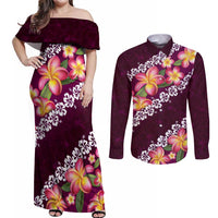 Pink Polynesia Couples Matching Off Shoulder Maxi Dress and Long Sleeve Button Shirt Plumeria With Hibiscus Pattern Tropical Vibes
