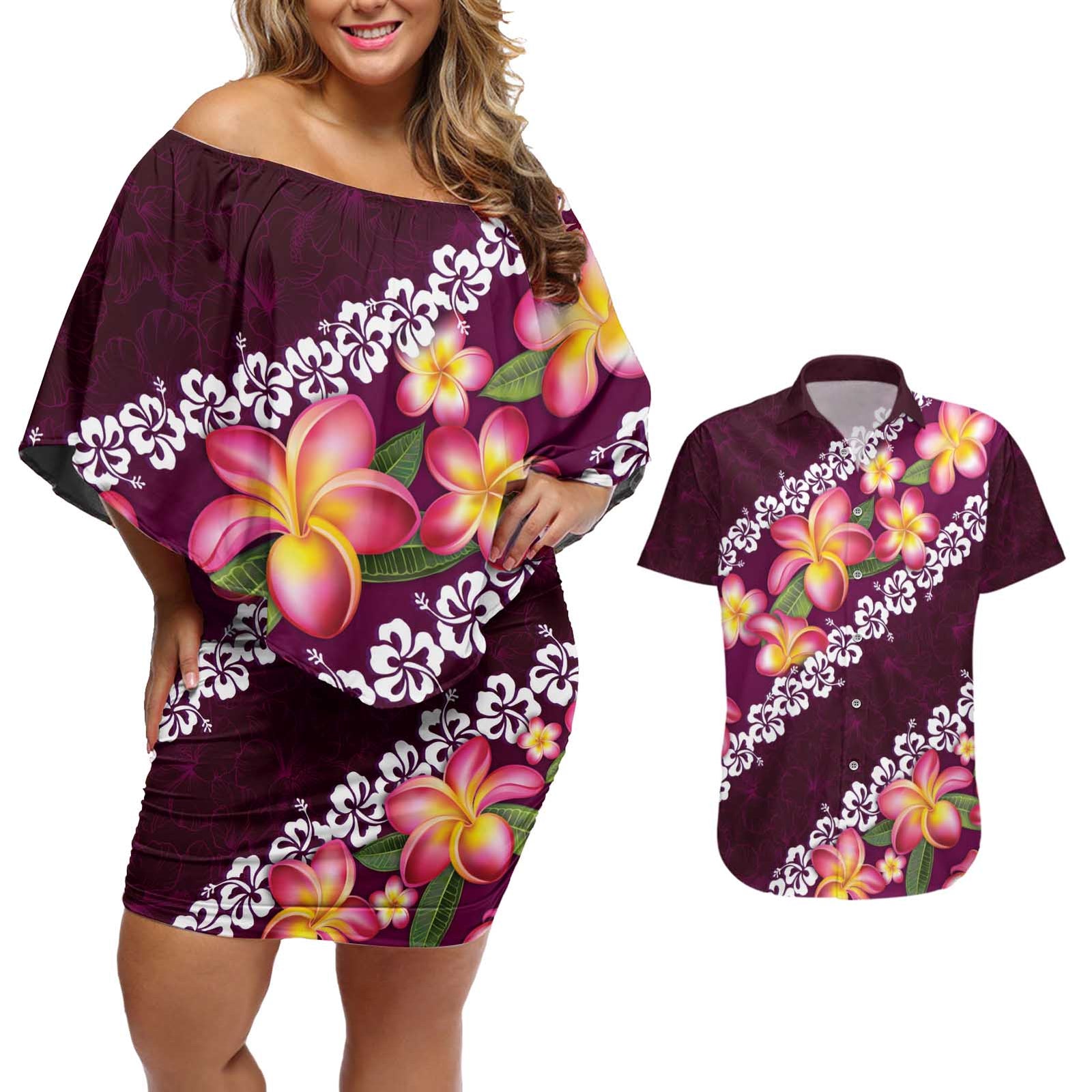 Pink Polynesia Couples Matching Off Shoulder Short Dress and Hawaiian Shirt Plumeria With Hibiscus Pattern Tropical Vibes LT14 Pink - Polynesian Pride