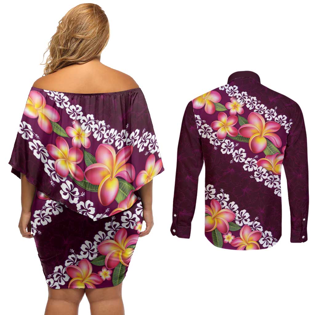 Pink Polynesia Couples Matching Off Shoulder Short Dress and Long Sleeve Button Shirt Plumeria With Hibiscus Pattern Tropical Vibes