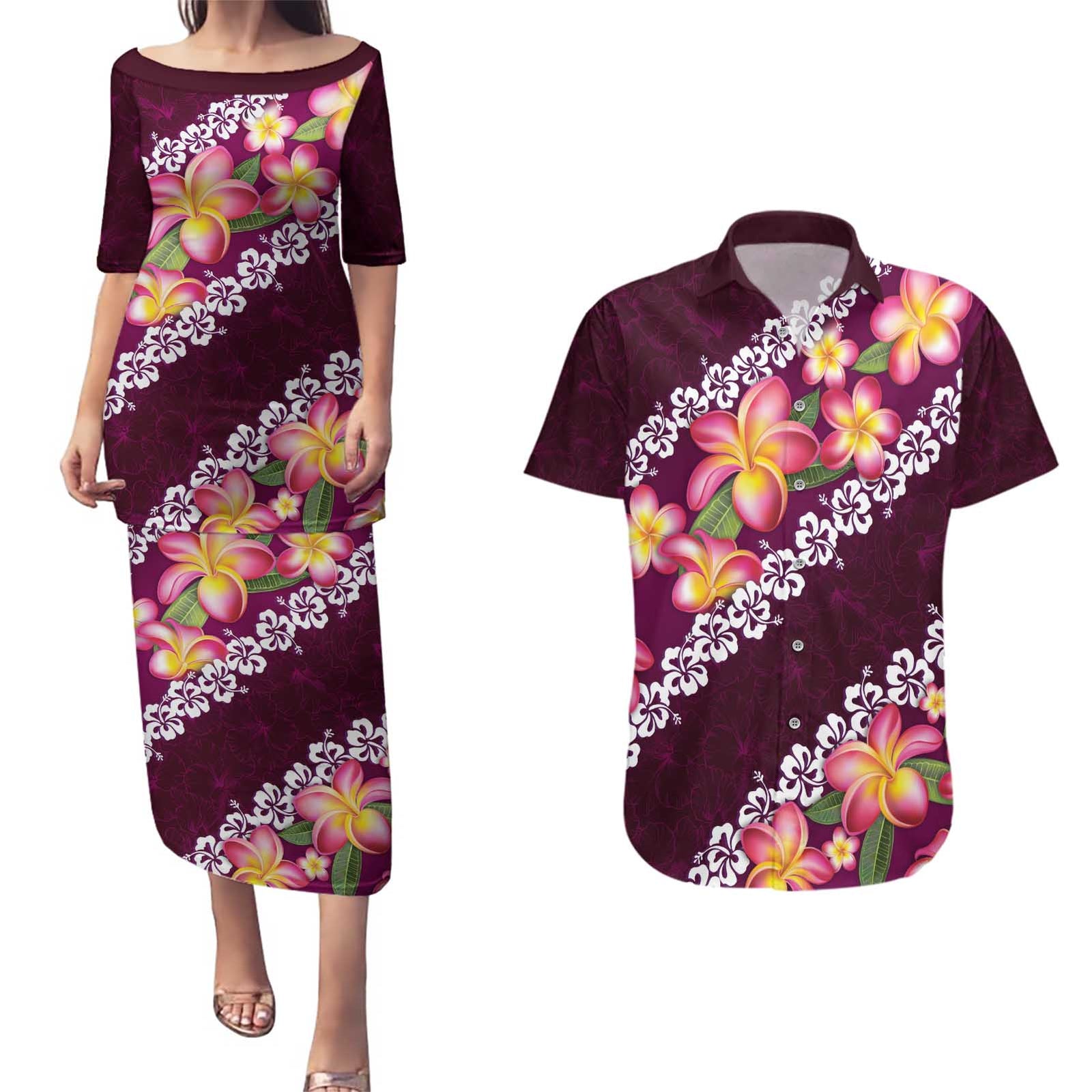 Pink Polynesia Couples Matching Puletasi and Hawaiian Shirt Plumeria With Hibiscus Pattern Tropical Vibes LT14 Pink - Polynesian Pride