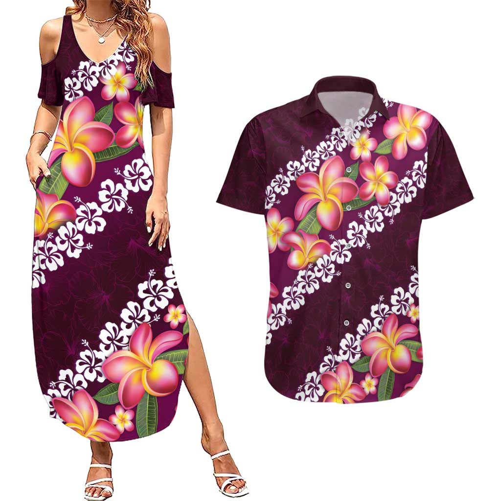 Pink Polynesia Couples Matching Summer Maxi Dress and Hawaiian Shirt Plumeria With Hibiscus Pattern Tropical Vibes LT14 Pink - Polynesian Pride