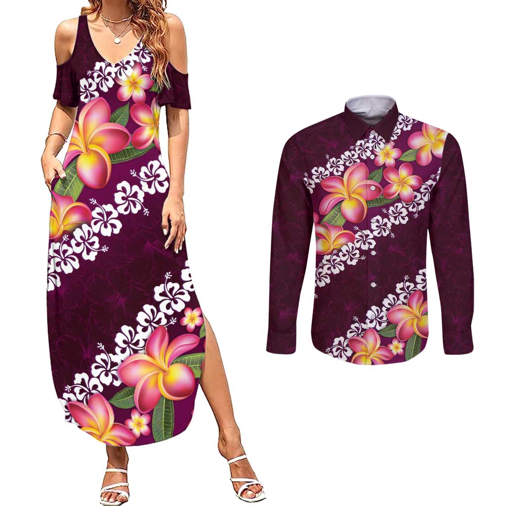 Pink Polynesia Couples Matching Summer Maxi Dress and Long Sleeve Button Shirt Plumeria With Hibiscus Pattern Tropical Vibes LT14 Pink - Polynesian Pride