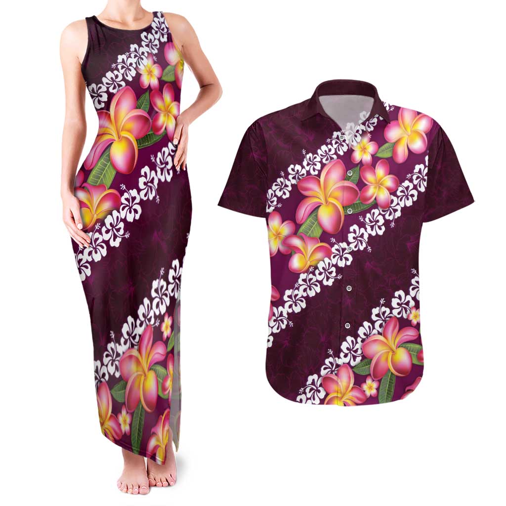 Pink Polynesia Couples Matching Tank Maxi Dress and Hawaiian Shirt Plumeria With Hibiscus Pattern Tropical Vibes LT14 Pink - Polynesian Pride