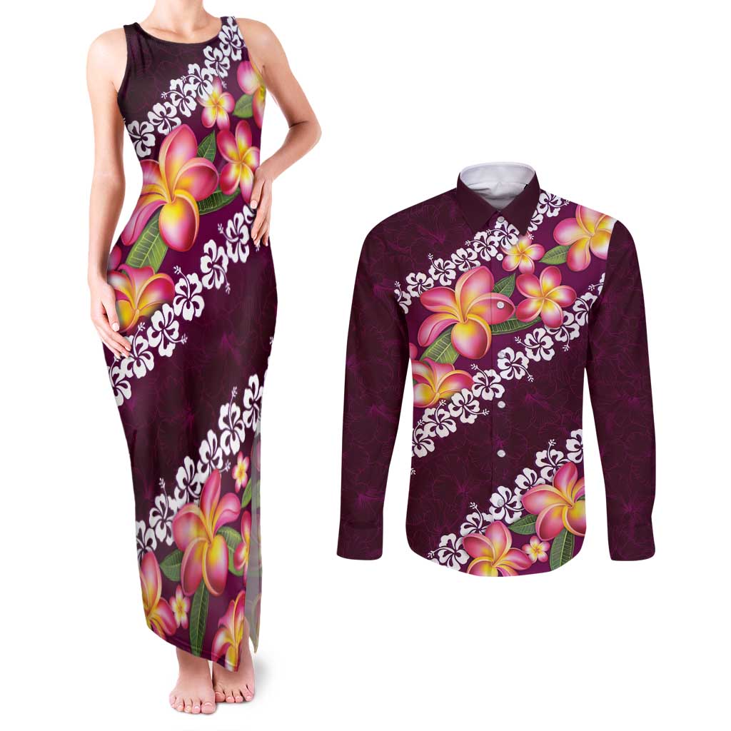 Pink Polynesia Couples Matching Tank Maxi Dress and Long Sleeve Button Shirt Plumeria With Hibiscus Pattern Tropical Vibes LT14 Pink - Polynesian Pride