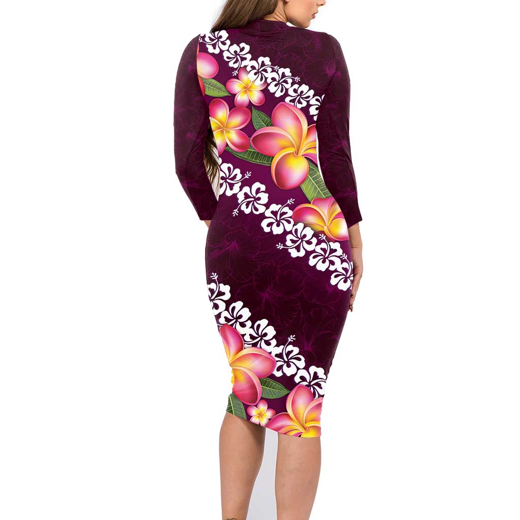 Pink Polynesia Family Matching Long Sleeve Bodycon Dress and Hawaiian Shirt Plumeria With Hibiscus Pattern Tropical Vibes
